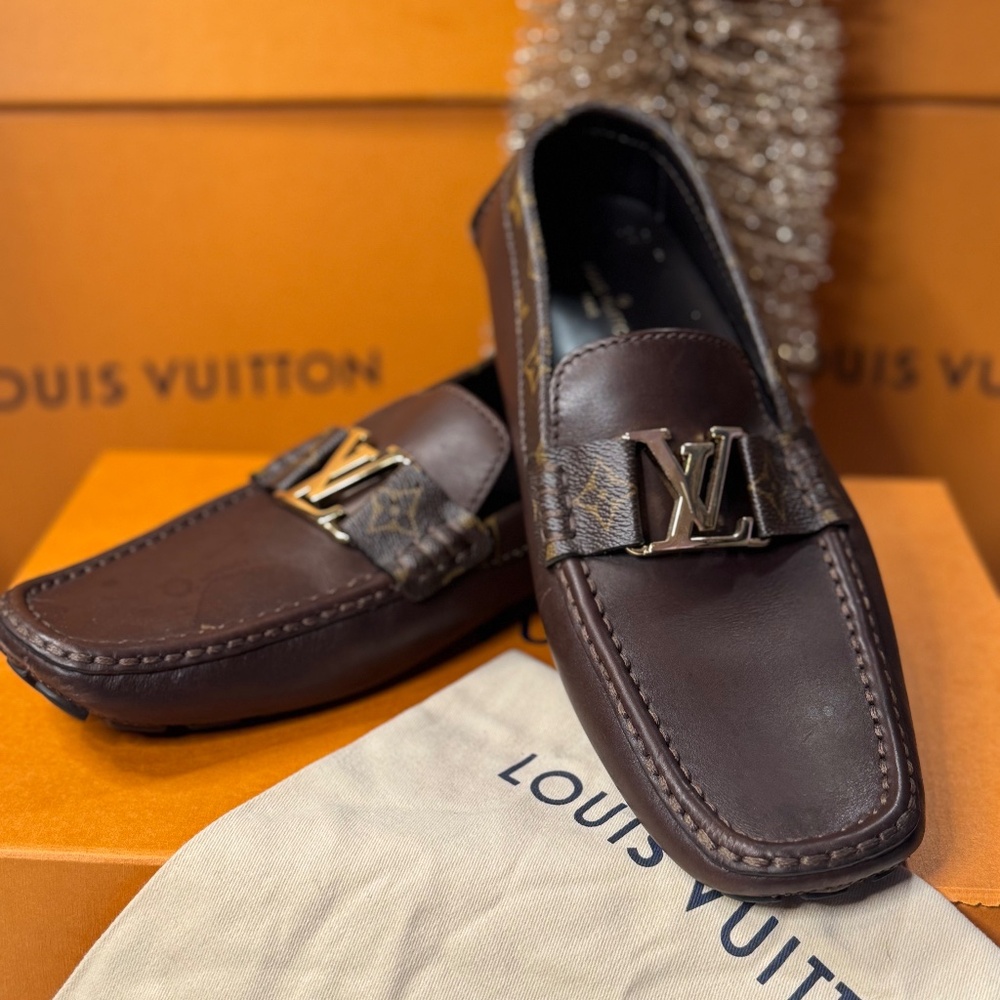 Louis Vuitton Brown Leather Monogram Driving Loafers w/ LV Buckle